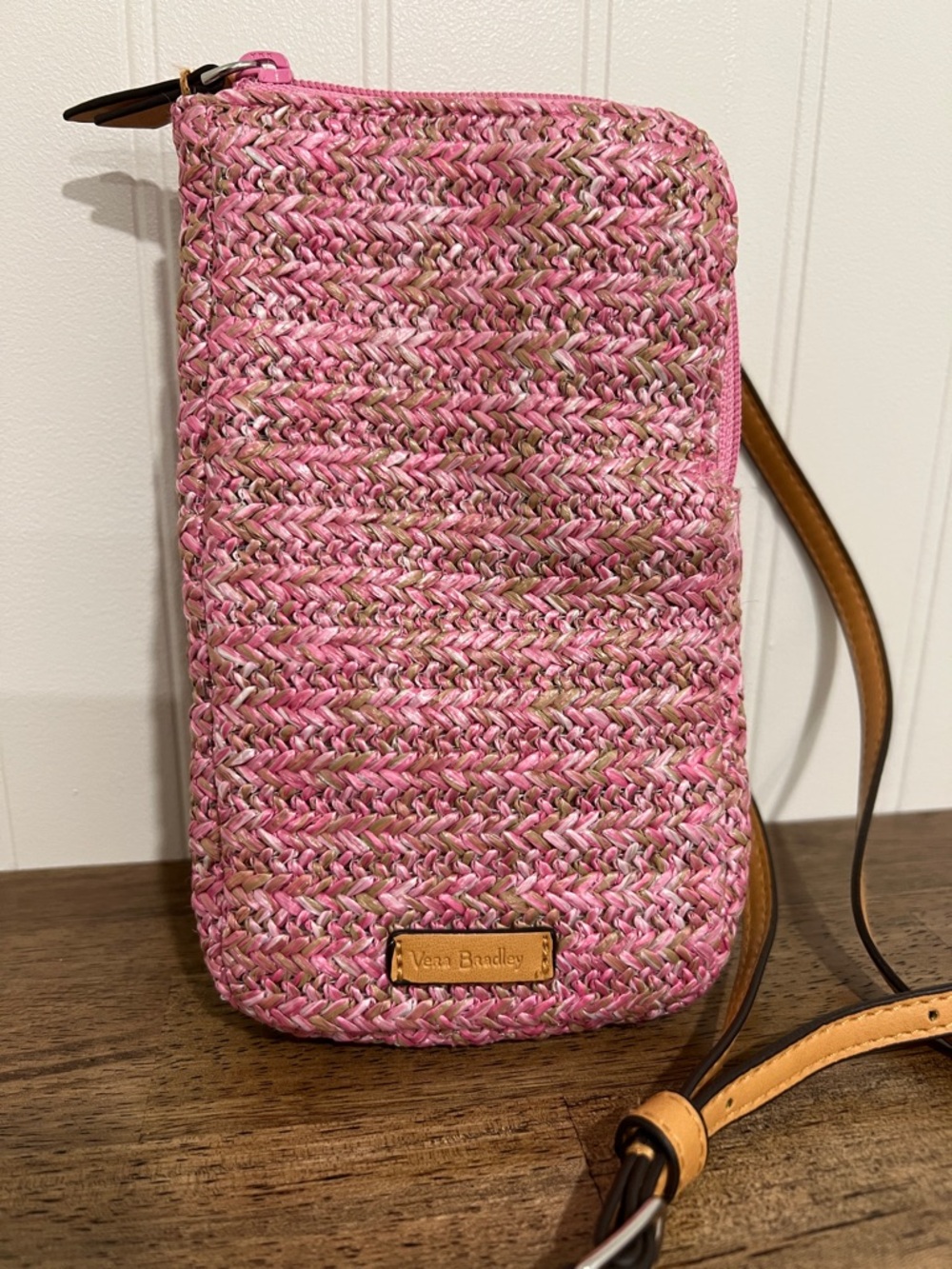 Vera Bradley Pink Woven Straw Crossbody Phone Pouch with Tan Strap | Like New